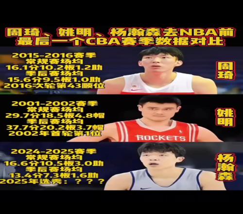 去NBA前CBA赛季数据：姚明场均29分18板5帽周琦和杨瀚森同16+10