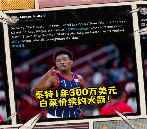 这真是白菜价!名记:泰特预计1年300万美元续约火箭