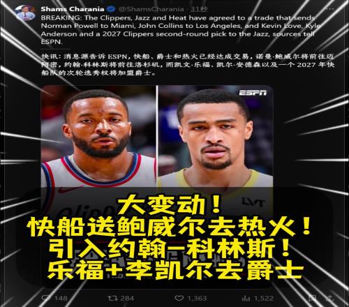 突发三方交易快船送走鲍威尔!得到内线悍将约翰科林斯!