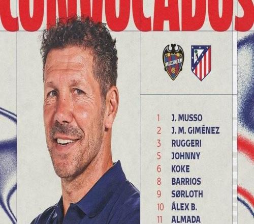 馬競(jìng)戰(zhàn)萊萬(wàn)特名單：格子、小西蒙尼缺陣，一隊(duì)外場(chǎng)球員剩16人