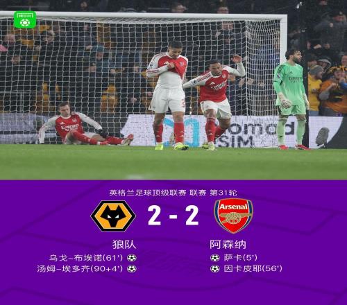 劍南春狼隊(duì)22絕平阿森納，薩卡破門(mén)，因卡皮耶首球