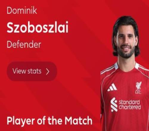 任意球破門(mén)，索博斯洛伊當(dāng)選利物浦vs熱刺全場(chǎng)最佳球員