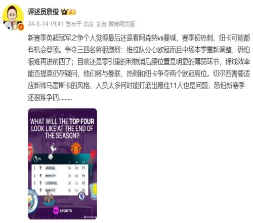 准不准詹俊曾预测阿森纳与曼城争冠,利物浦与曼联、热刺争欧冠