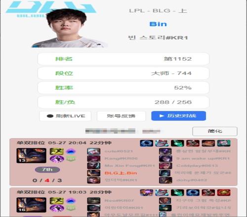 等待淘汰赛首轮对手结果,Bin登上韩服又玩了两把兰博,但全败!