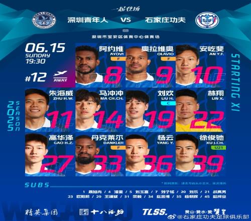 石家莊功夫客場挑戰深圳青年人首發名單