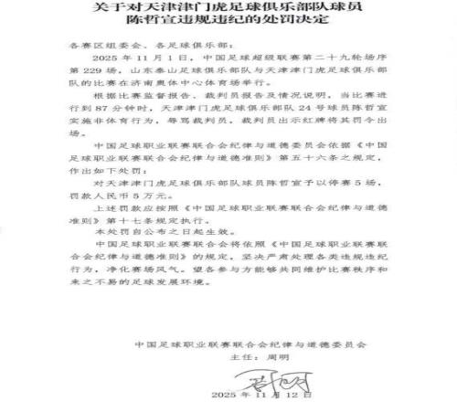 辱罵裁判！津門虎球員被停賽，無緣末輪戰(zhàn)申花