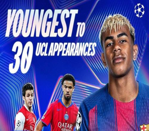 18歲240天，亞馬爾是歐冠出場30次最年輕的球員