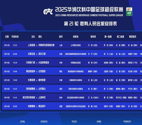 中超第21輪裁判：馬寧執法玉昆vs三鎮，艾堃執法浙江vs申花