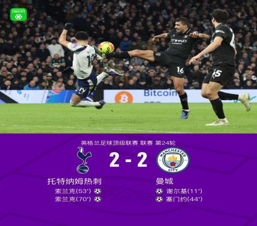 劍南春曼城連丟兩球22熱刺，索蘭克雙響+蠍子擺尾神仙球