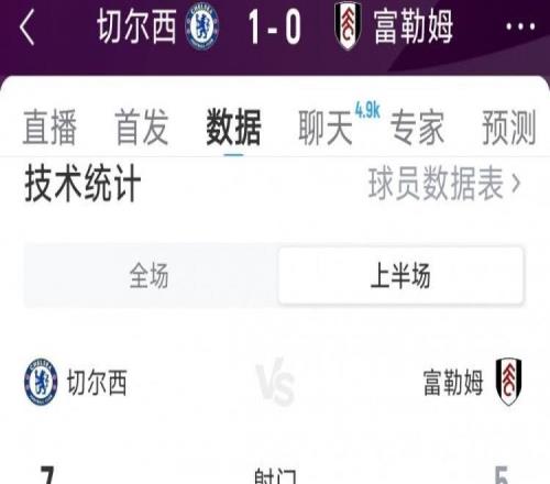 补时进球占先,切尔西10富勒姆半场数据:射门75,射正31