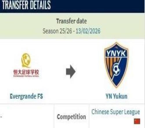 德轉：雲南玉昆約100萬人民幣從恒大足校簽下布尼亞明
