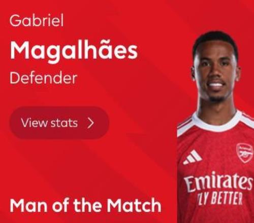 攻防俱佳，加布裏埃爾當選伯恩利vs阿森納全場最佳球員