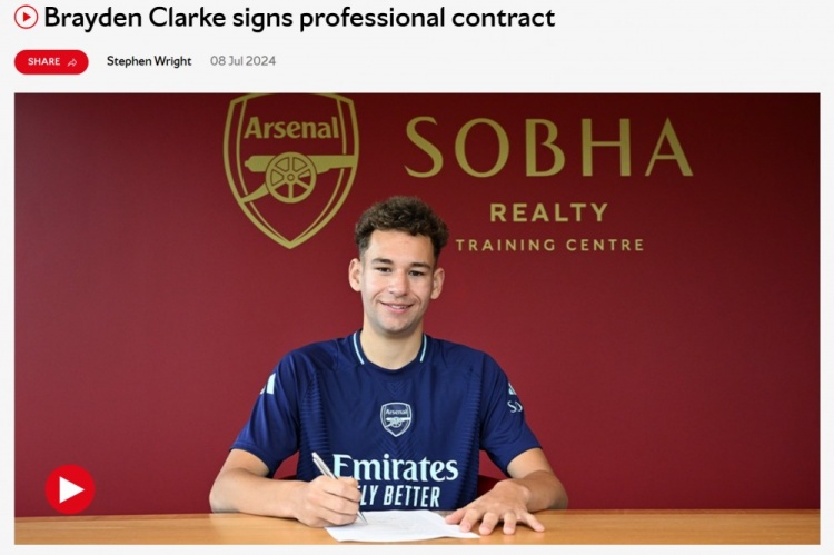 官方：阿森纳与17岁中卫布雷登克拉克签下首份职业合同