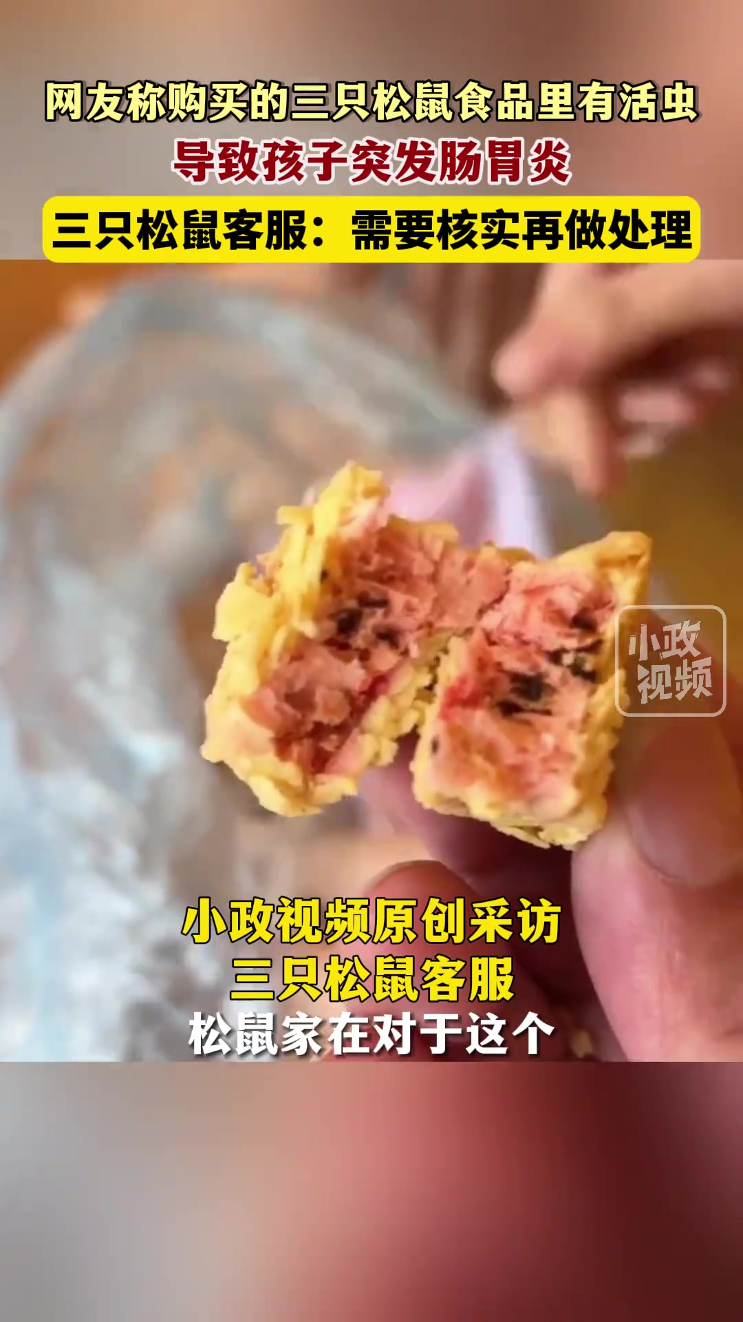 网友称在超市购买的三只松鼠食品里有活虫导致孩子突发肠胃炎