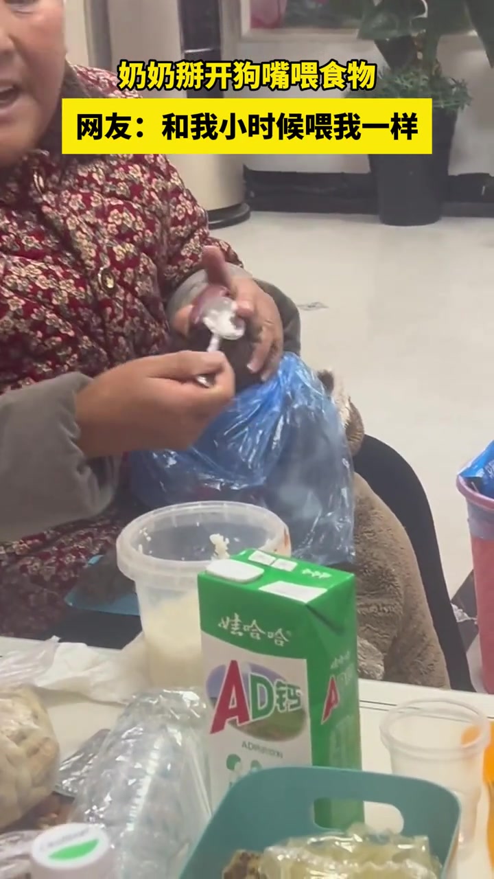 奶奶掰开狗嘴喂食物网友:和我小时候喂我一样!