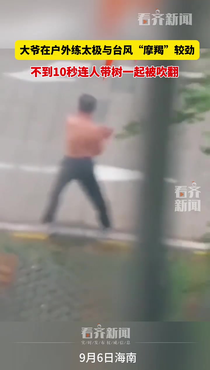 大爷户外练太极与台风较劲!不到10秒连人带树一起被吹翻