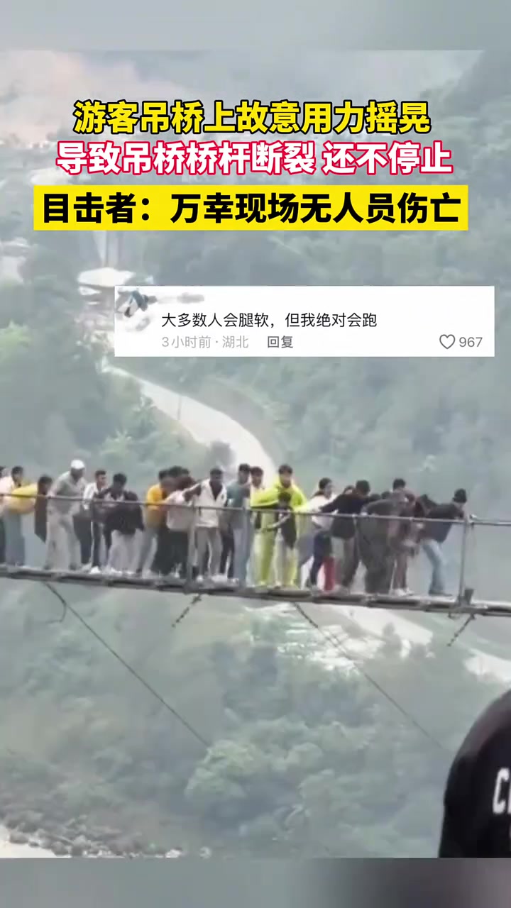 游客吊桥上故意用力摇晃，拿生命在开玩笑啊！