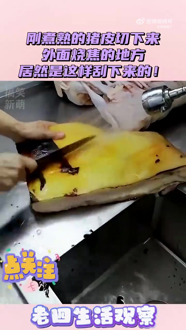 刚煮熟的猪皮切下来，外面烧焦的地方，居然是这样刮下来的！