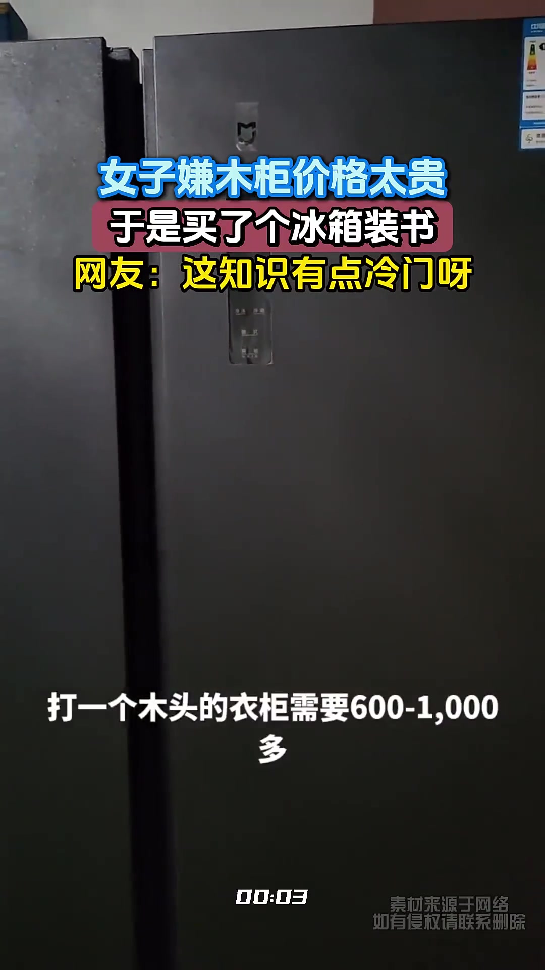 女子嫌木柜价格太贵，于是买了个冰箱装书，网友：这有点冷门