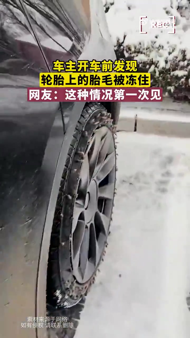 车主开车前发现，轮胎上的胎毛被冻住
