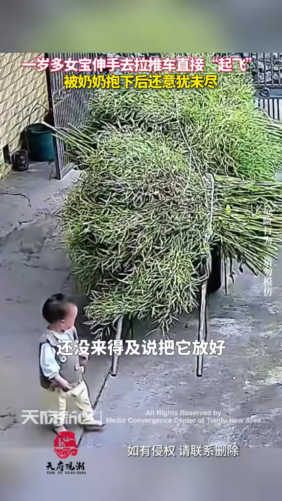 一岁多女宝伸手去拉推车直接“起飞”，被奶奶抱下后还意犹未尽