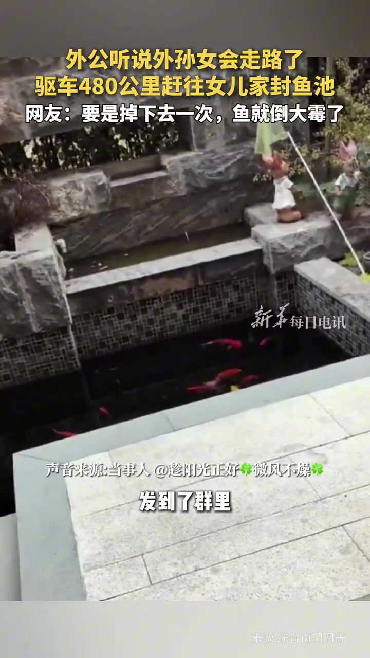 外公听说外孙女会走路了，驱车480公里赶往女儿家封鱼池