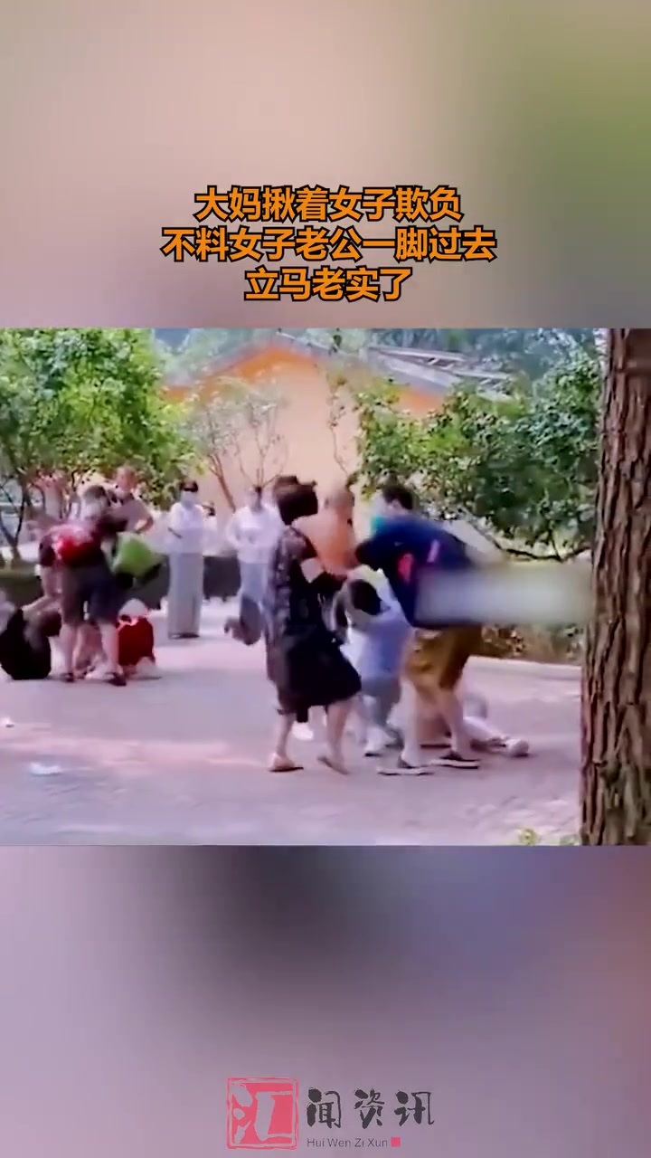 大妈揪着女子欺负不料女子老公一脚过去立马老实了！
