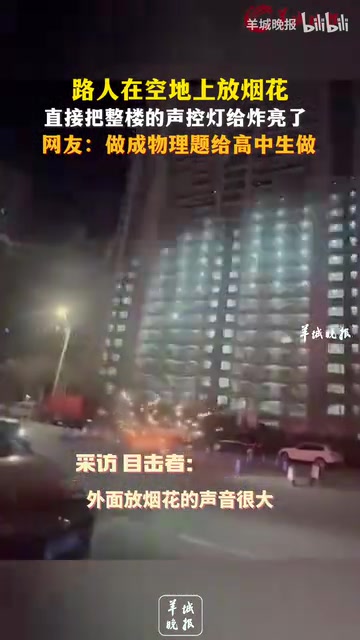 路人在空地上放烟花直接把整楼的声控灯给炸亮了
