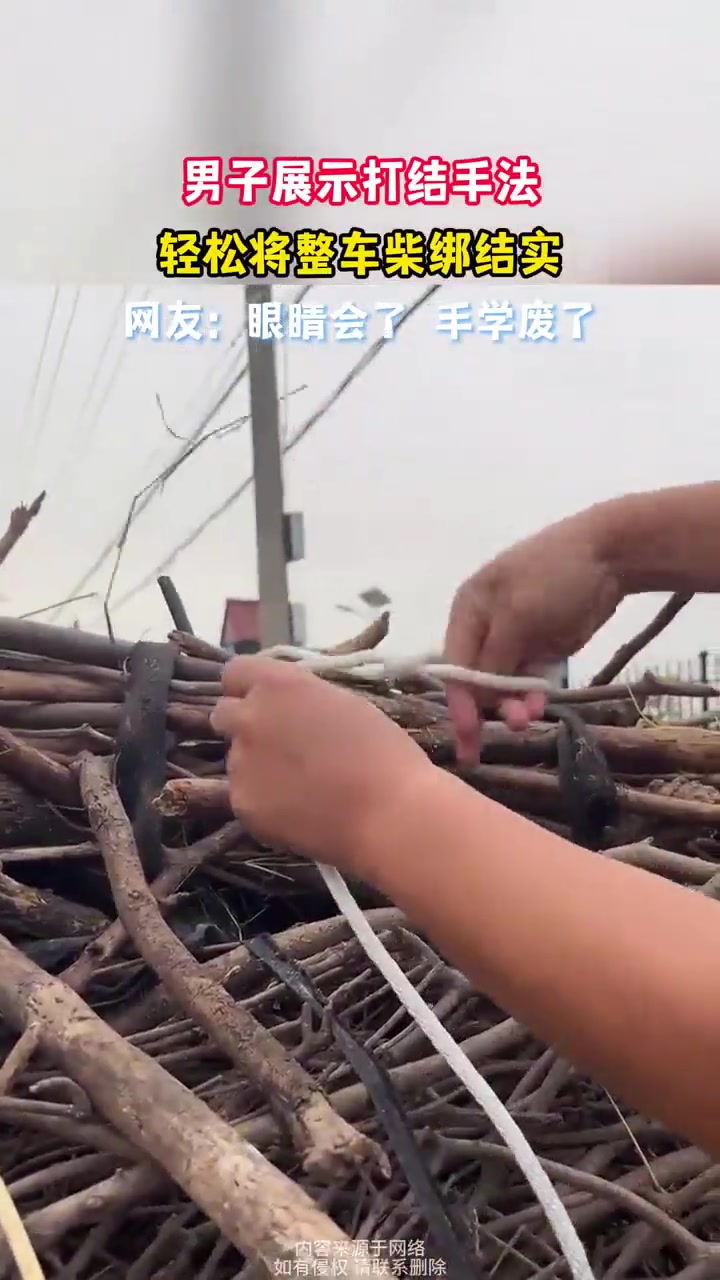 男子展示打结手法轻松将整车柴绑结实