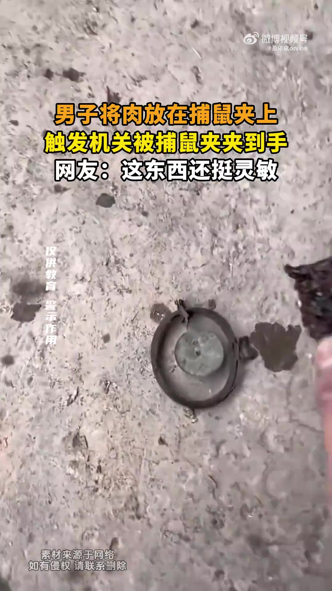男子将肉放在捕鼠夹上，触发机关被捕鼠夹夹到手