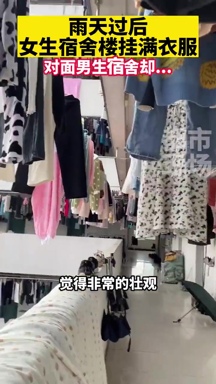 雨天之后，女生宿舍楼晾满了衣物，对面的男生宿舍却是另一番景象