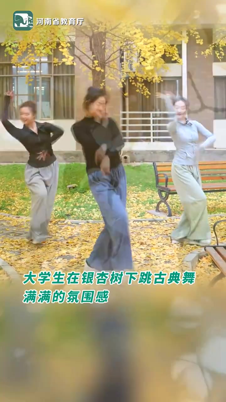 大学生在银杏树下跳古典舞