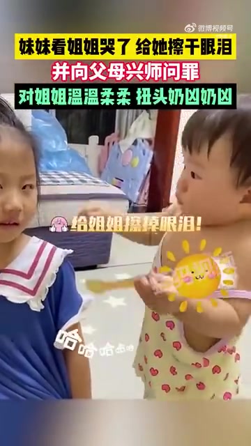 妹妹看姐姐哭了，给她擦干眼泪并向父母兴师问罪