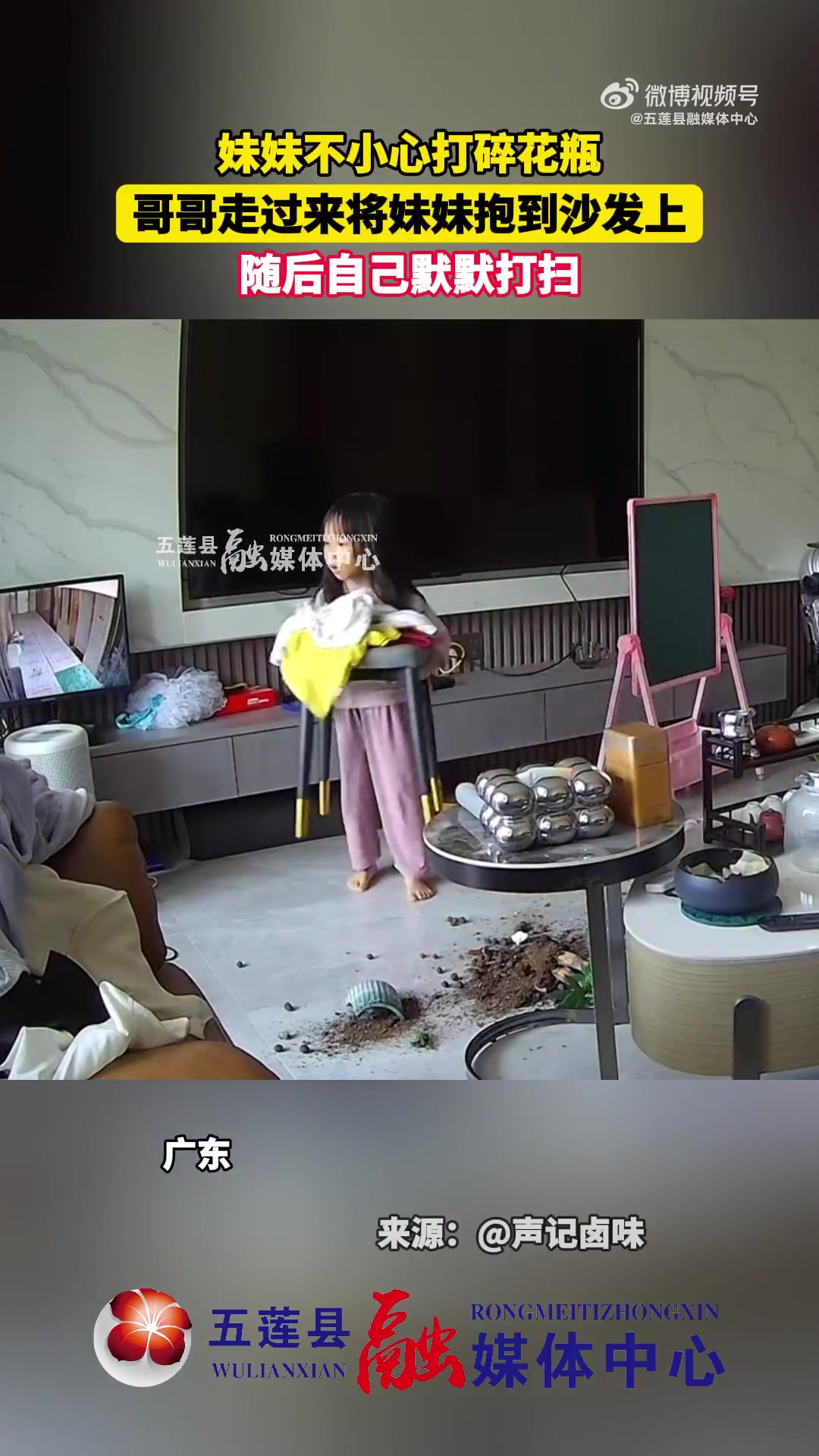 妹妹不小心打碎花瓶，哥哥走过来将妹妹抱到沙发上，自己默默打扫