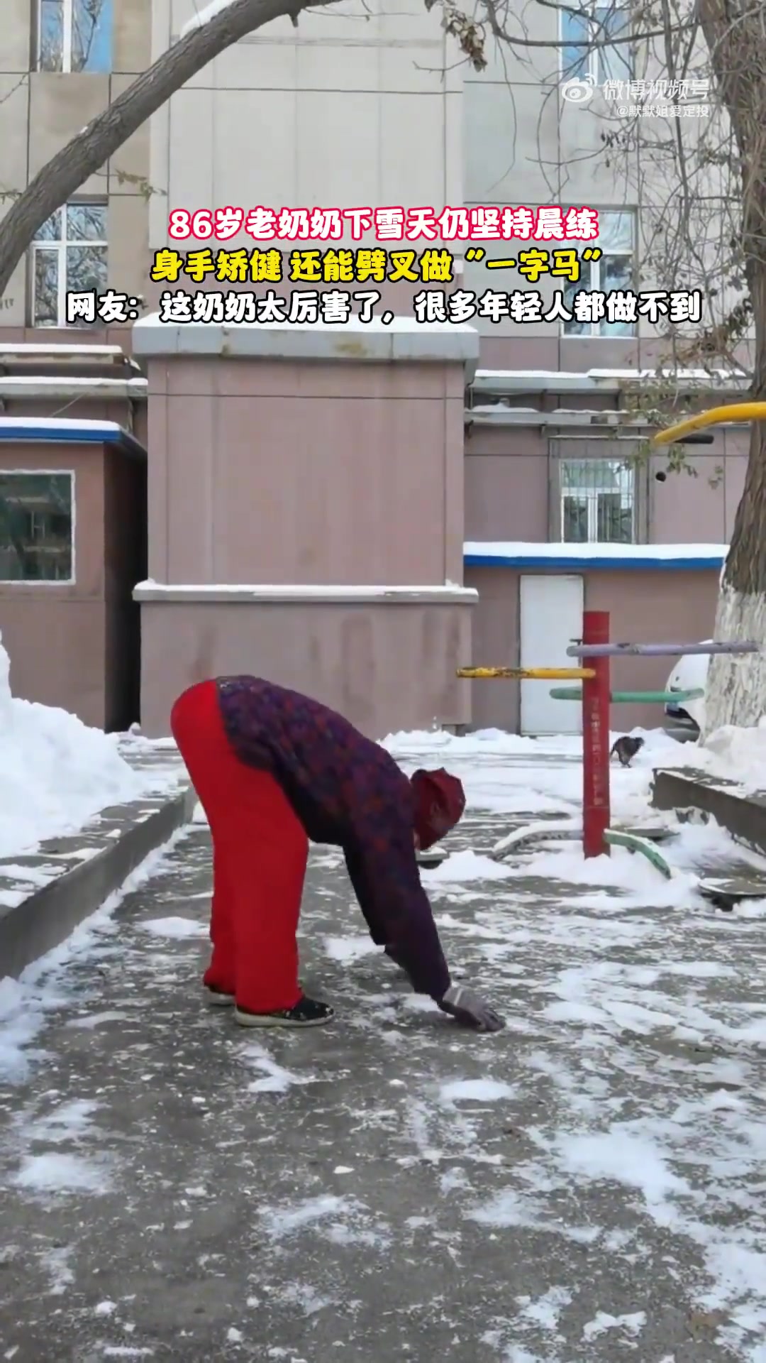 老奶奶下雪天仍坚持晨练，身手矫健，还能劈叉做一字马太厉害了