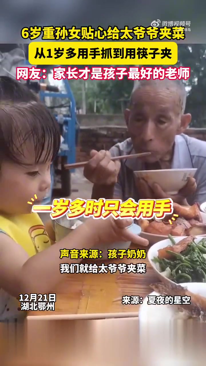 6岁重孙女贴心给太爷爷夹菜，从1岁多用手抓到用筷子夹