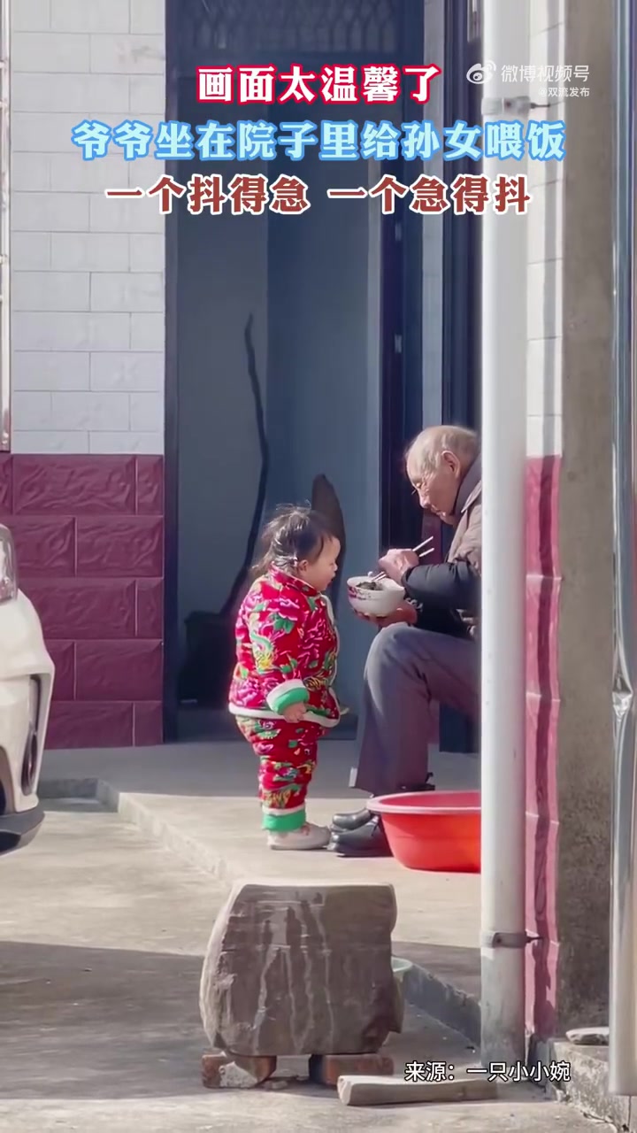 畫面太溫馨，爺爺坐在院子里給孫女喂飯，一個抖得急，一個急得抖