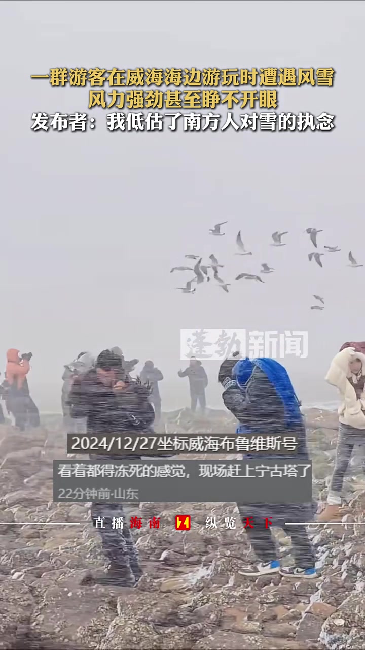 一群游客在威海海边游玩时遭遇风雪，风力强劲甚至睁不开眼