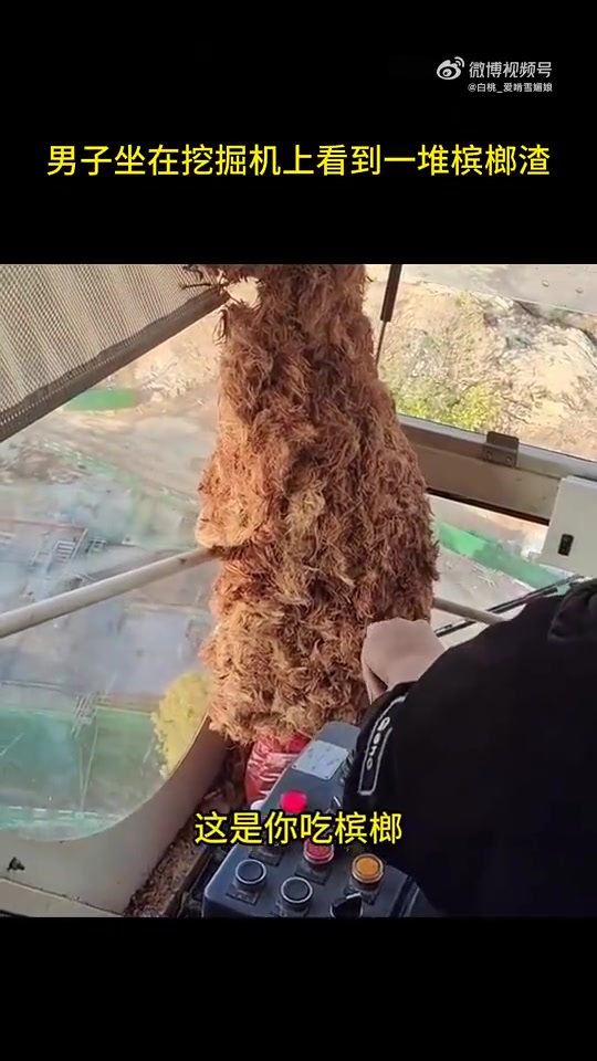 女子坐在挖掘机上看到一堆槟榔渣！！！！！