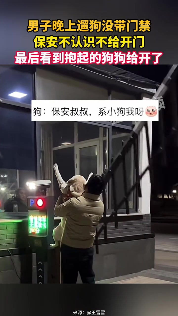 男子晚上遛狗没带门禁，保安不认识不开门，看到抱起的狗狗给开了