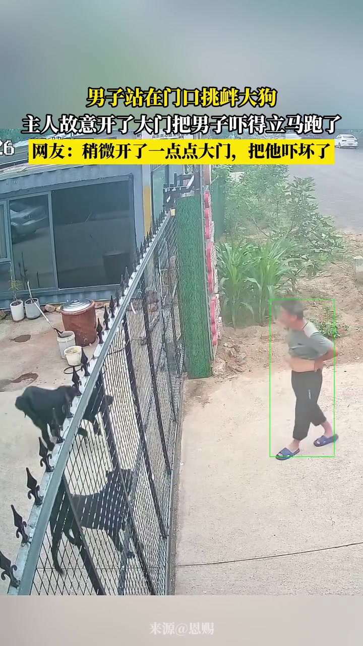 男子站在门口挑衅大狗，主人故意开了大门把男子吓得立马跑