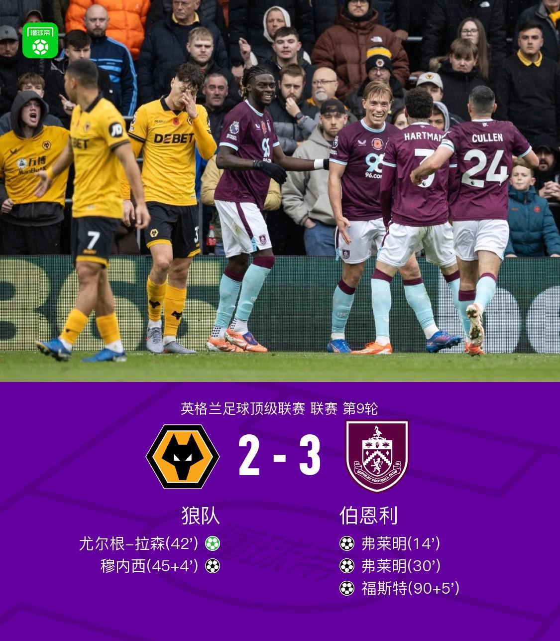 伯恩利客场32狼队,弗莱明双响,福斯特替补绝杀