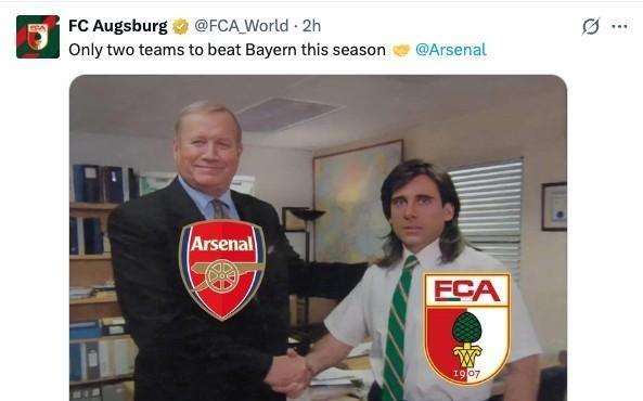奥格斯堡晒和阿森纳握手梗图：本赛季只有两支球队能击败拜仁