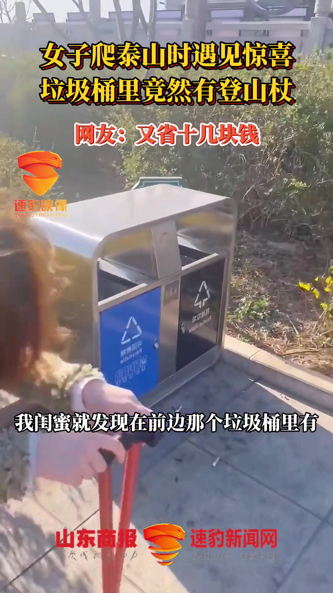 女子爬泰山时遇见惊喜 垃圾桶里竟然有登山杖