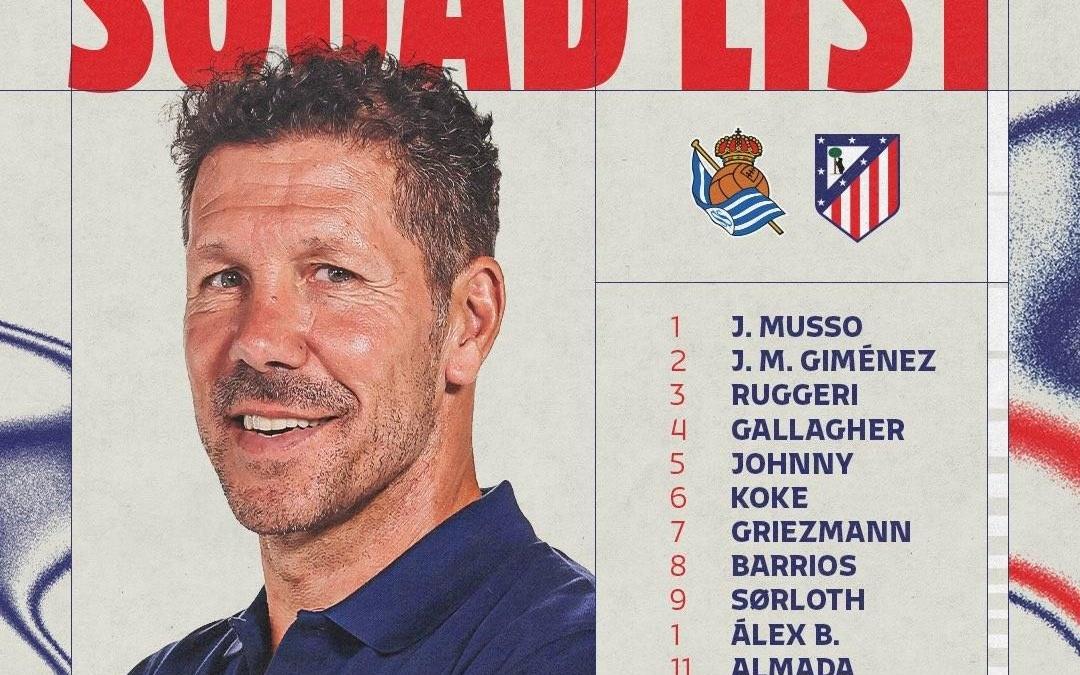 马竞客战皇社名单：拉斯帕多里在列，尼古拉斯、朗格莱缺席