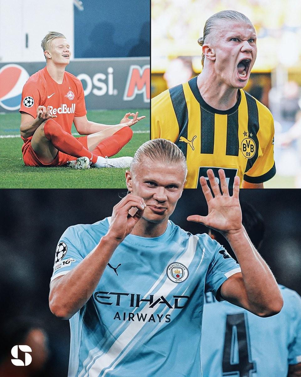 代表三支不同球队连续5场欧冠进球,哈兰德是历史第一人