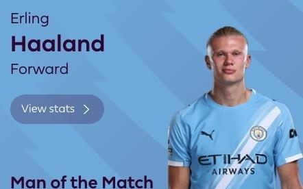 达成英超百球里程碑,哈兰德当选富勒姆vs曼城全场最佳球员