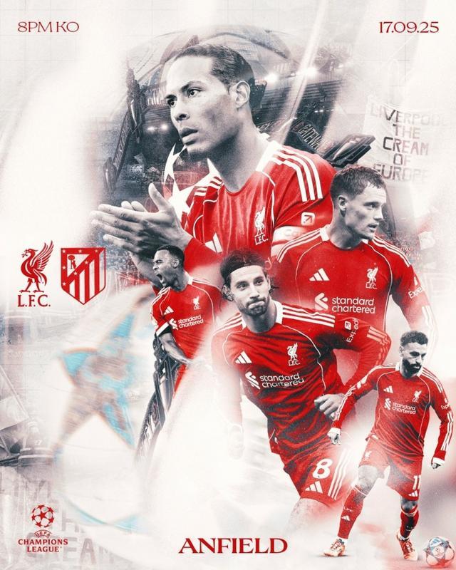 利物浦晒欧冠战马竞海报:范迪克、萨拉赫+新援维尔茨等多人出镜