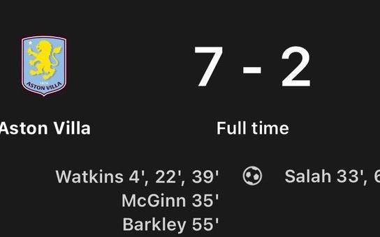 利物浦近十场对阵维拉保持不败，上次输球是五年前27惨败