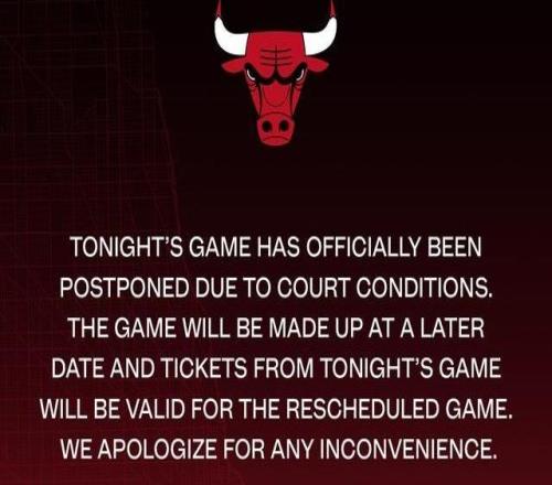 公牛官方：由于场地状况原因对阵热火的比赛已正式延期